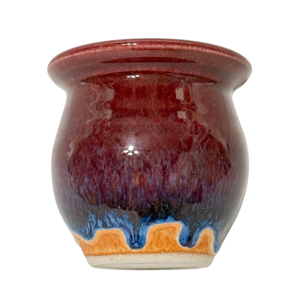 Walt Glass McQueeny TX Vase Flare Lip 4.5" Drip Glaze Red Orange Blue Signed '02